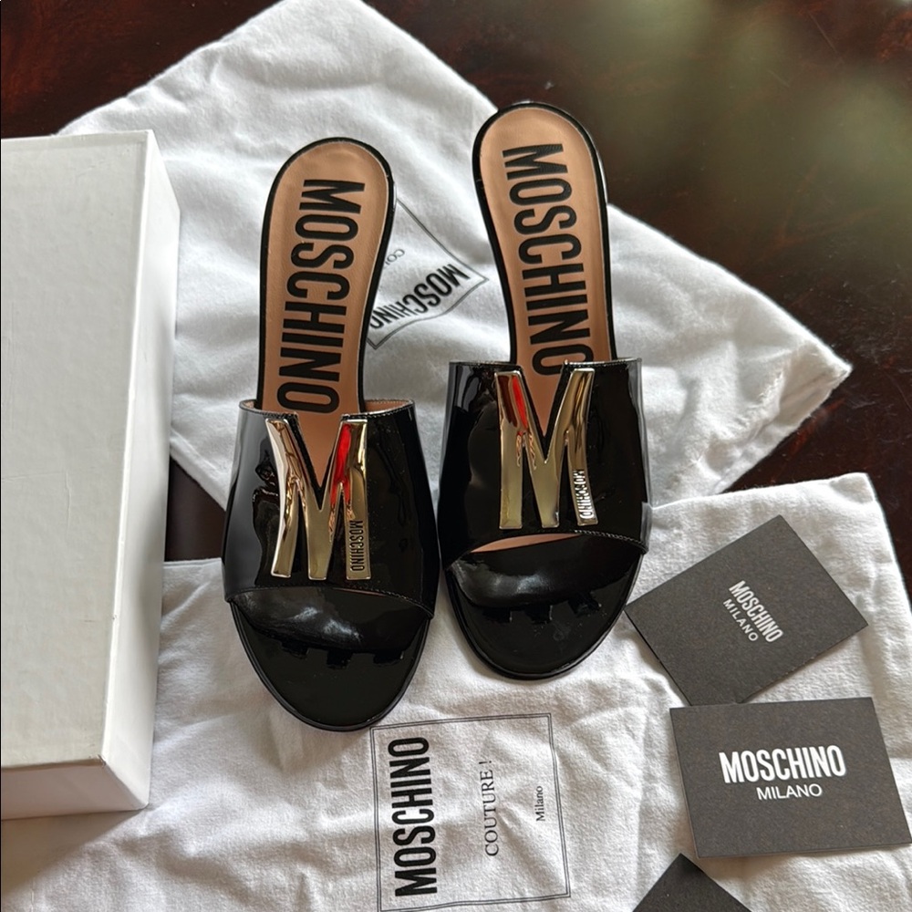 Moschino Black Patent Mules with Silver Accent 9-9.5